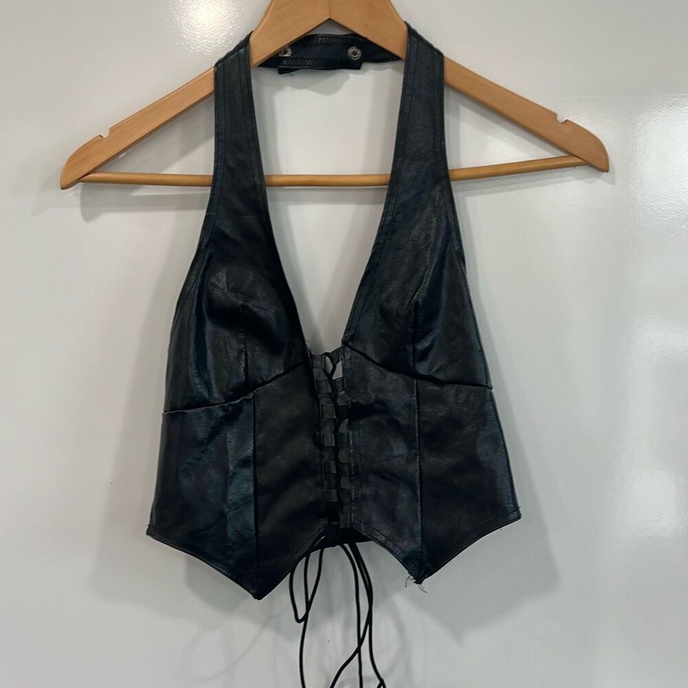 Faux Leather Crop Halter Vest Lace Up Front Small